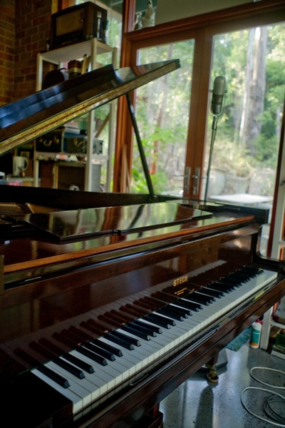 Steck baby grand piano recording room